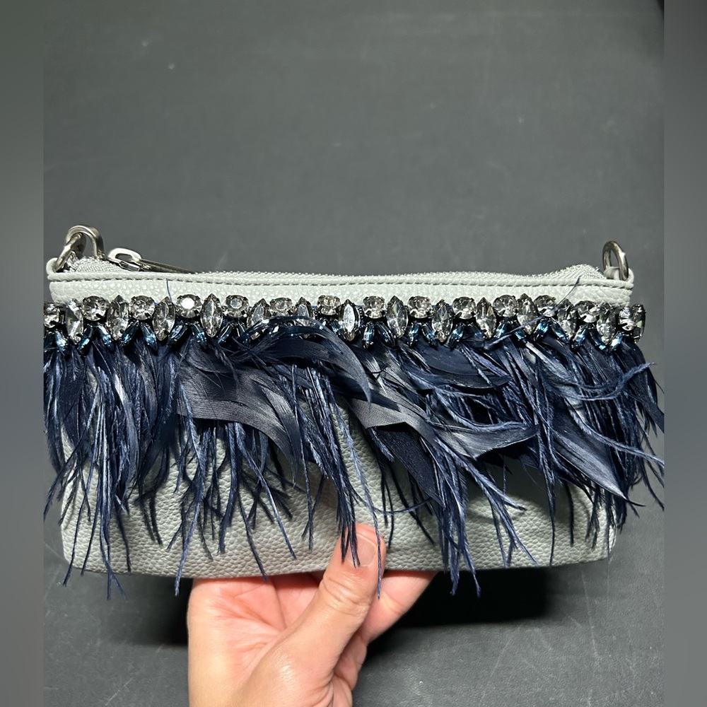 NEW Sam Edelman Gray and Blue Clutch Evening Bag with feathers and jewels